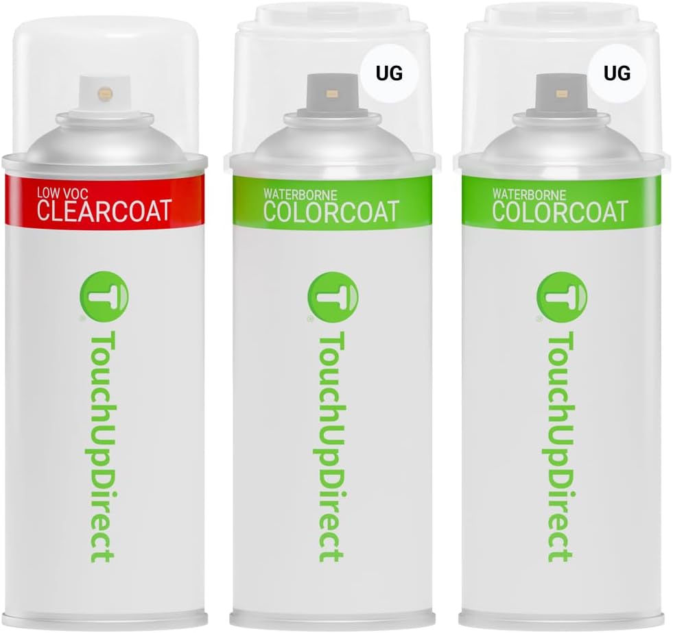 TouchUpDirect Car Paint Touch Up Spray Kit – Compatible with Ford UG White Platinum Pearl Tricoat Exact Match Auto Paint Kit with Car Color Spray and Clearcoat, for Repainting or Scratch Repair, Essential Kit