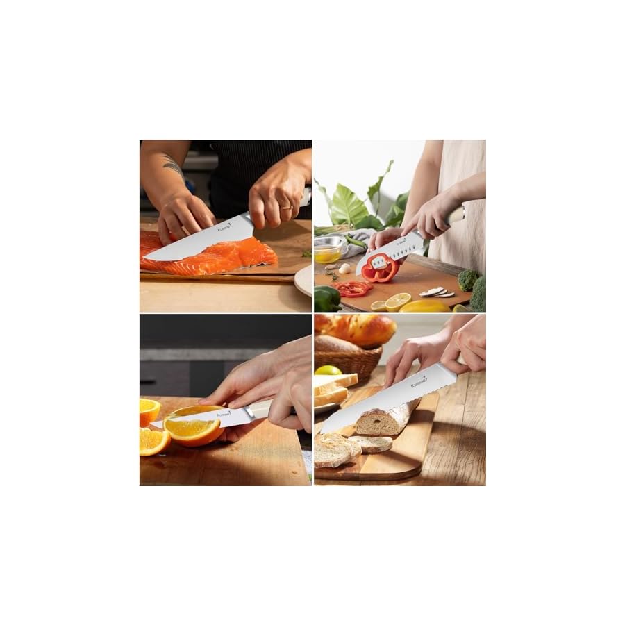 Kuisine Chef Knife Set,High Carbon Stainless Steel Block Knife Set,Knife Block Set with Built-in Sharpener,Sharp Knife Set Forged,Elegant Gift(Ivory,15pcs）