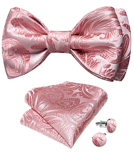 Image of DiBanGu Men Bow Tie Paisley Striped Self-Bow Tie for Men and Silk Woven Bowtie Pocket Square Cufflinks Wedding Party