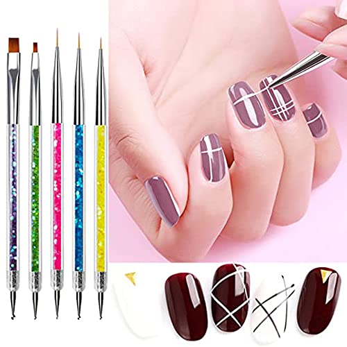 5 Pcs Nail Art Brushes, Double Ended Brush And Dotting Tool Kit, Including Nail Liner Brush And Nail Dotting Pens For Home Diy And Salon With Shiny Handles #TOP6