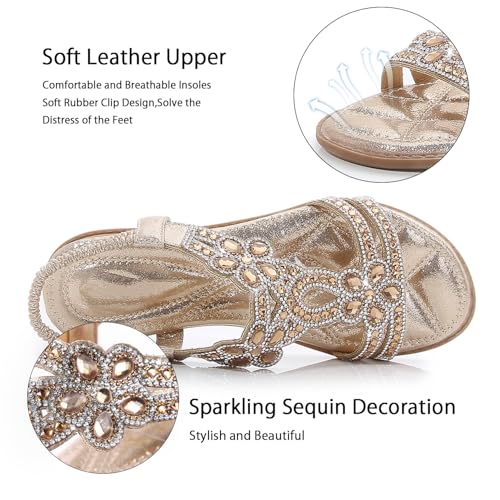 Image of iCKER Womens Rhinestone Strappy Flat Sandals Elastic Ankle Strap Open‑Toe | Sparkling,for wedding,party,evening dates,special occasion,Vacation,Formal