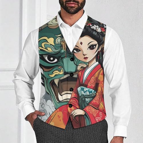 Japanese Geisha Ghost Mask Printed Men's Suit Vests Dress Vest V-Neck Waistcoat Slim Business Formal with Pocket2