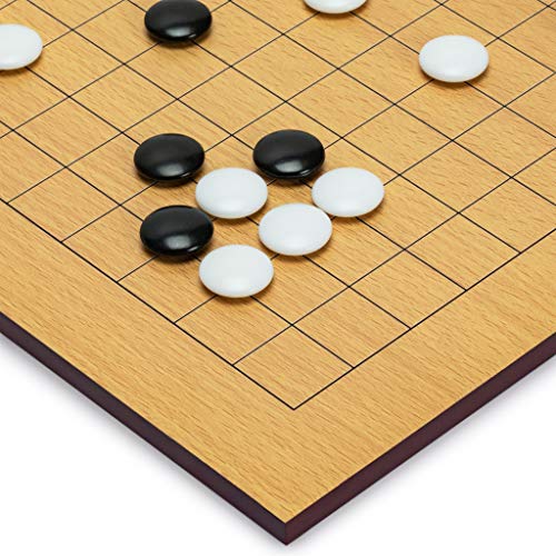 Image of Yellow Mountain Imports Beechwood Veneer (0.4-Inch) Etched Beginner's Reversible 9x9 /13x13 Go Game Set Board with Double Convex Melamine Stones - Classic Strategy Board Game (Baduk /Weiqi)