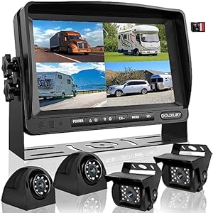 RV Backup Camera System with 7” Quad Split 1080P Monitor for Truck Trailer Semi Camper Bus & 4 AHD Rear Side View Camera with DVR Record Function IP69 Waterproof Night Vision Avoid Blind Spot DOUXURY