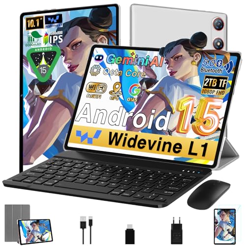 Tablet Android 15 10 Pollici 30GB RAM+64GB ROM (2TB/TF), Gemini AI, Octa-Core 2.0Ghz, 1280*800 FHD IPS, Standby Molto Lungo, 5G WiFi, Widevine L1, 5MP+13MP, Face ID, GMS, Tablet con tastiera - Argento