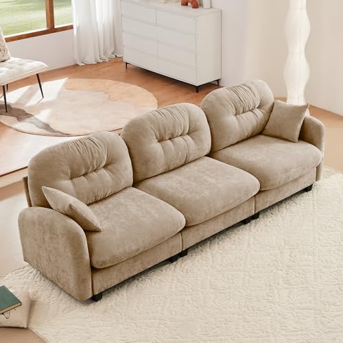 Image of KEIKI 107 inch Oversized Chenille Modular Sectional Sofa with High-Density Foam Cushion and Tufted Pleated Cushion Backrest, Upholstered Modern 3-Seater Cloud Couch with 2 Pillow, for Living Room, Camel