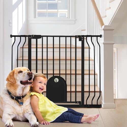 Image of Baby Gate with Cat Door for Stairs - Auto Close & Easy Walk Thru Dog Pet Gates for Stairs 30"-43.7" Wide, Doorway, Pressure or Wall Mounted Child Gate Includes 4 Wall Cups 2 Extensions