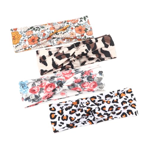 Image of DRESHOW 4 Pack Boho Non-Slip Headbands for Women Girls Yoga Workout Running Knotted Turban Floral Elastic Head Wrap