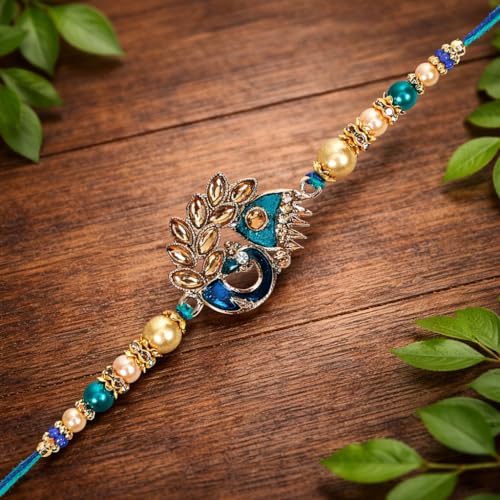 Image of Riddhika Ventures Meenakari Peacock Rakhi - A Bond of Love & Protection with Roli Chawal and Greeting Card