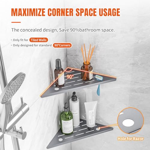 HBXS Corner Shower Shelves with Rozar Hole,Rustproof Stainless Steel Shower Caddy Organizer Modern Sturdy Corner Shelf for Shower,10" Large Capacity No-Drill Rack Storage Bathroom Accessories,Sliver — view 3