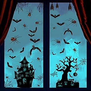 6 Sheets Window Clings Halloween, Halloween Window Stickers Spiders Bats Spider Webs Dead Tree Decal for Halloween Party Decoration