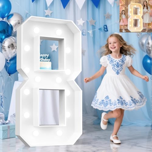 Image of Pooqla 4 FT Light Up Marquee Numbers, Cool White and Warm White LED Large Lighted Marquee Numbers, Giant Mosaic Light Up Numbers for Balloons 8th 18th 80th Birthday Party Decoration, LED Number 8