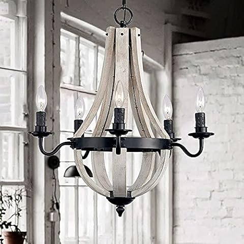 Auoeer 5 Lights Candelabra Style Old Wooden Chandelier, 23" H X 20" W, Rustic Farmhouse Distressed Wood White Ceiling Pendant Light Fixture, Vintage Kitchen Island Hanging Lighting Cover