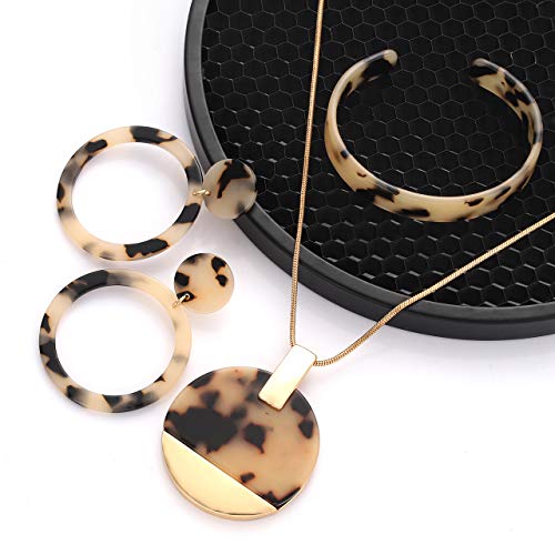 Aratlench Leopard Earrings Necklace Bracelet For Women Acrylic Circle Hoop Dangle Earring Long Disc Pendant Necklace Open Cuff Bangle Resin Cheetah Jewelry Set For Ladies Girls #TOP5