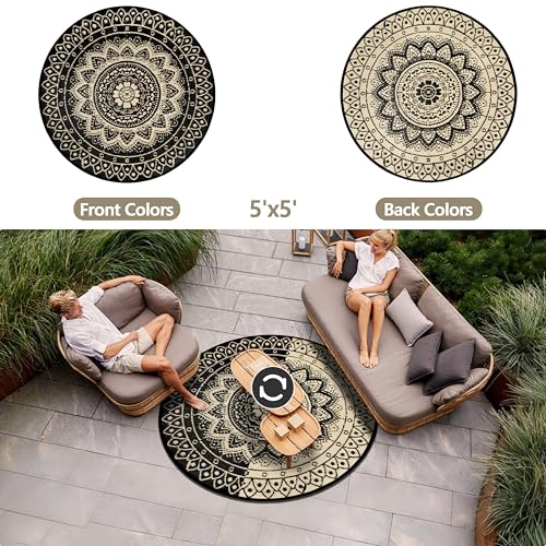 Tapis d'extérieur rond 150cm réversible noir et marron pour terrasse