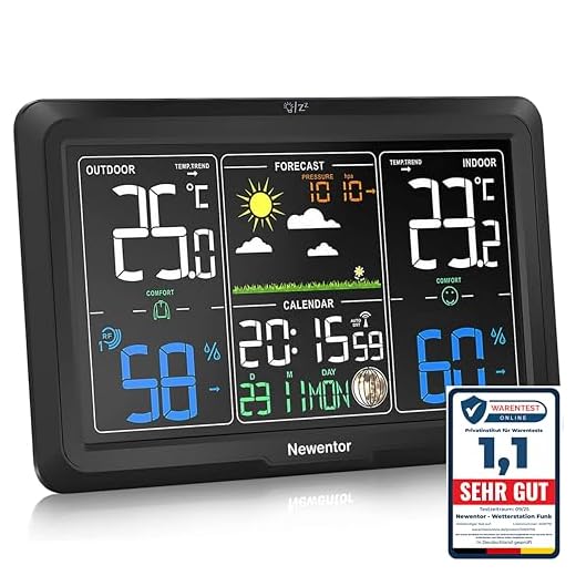 Newentor Wetterstation Funk mit Außensensor - 3 Einstellbare Helligkeit - Funkwetterstation mit Wettervorhersage, DCF Funkuhr - Batteriebetrieb und Netzbetrieb - Für Wandaufhängung geeignet