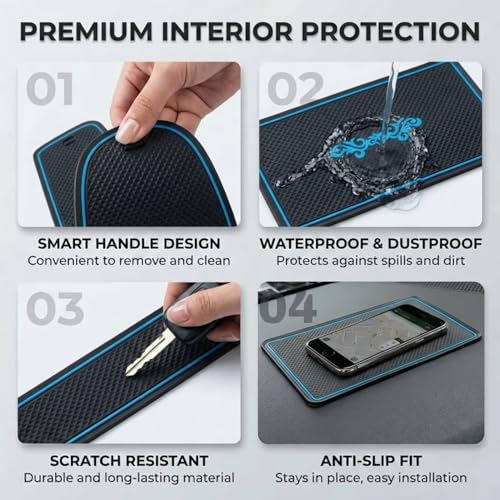 Image of Car Drome | Door Cup Bottle Mat Set for Kia Seltos 2019 to 2022 | Premium Non Slip Rubber Inserts | Custom Fit 15 Pieces | Blue Trim Interior Car Accessories | Dustproof Washable Car Styling