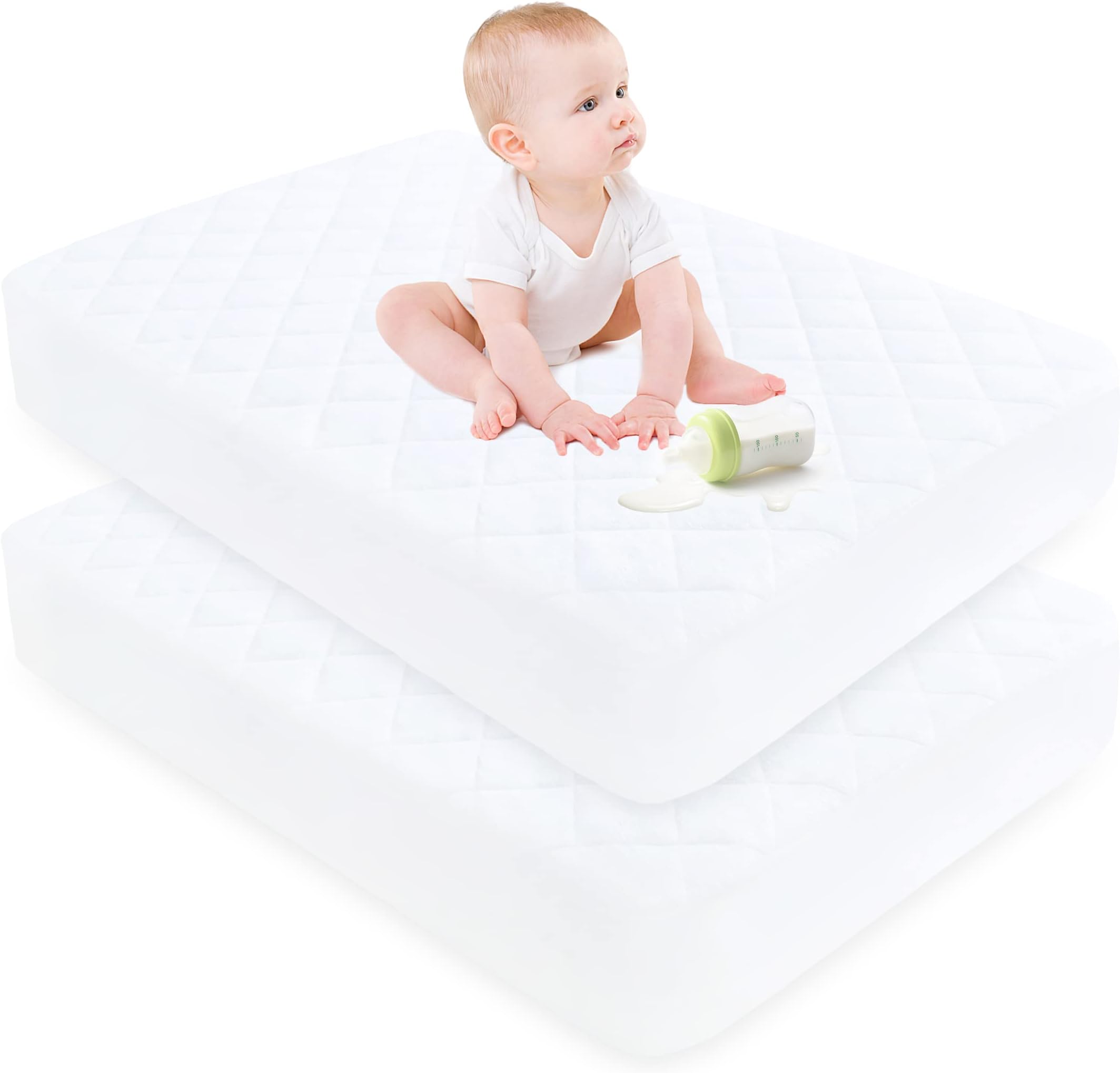 Bamboo Viscose Waterproof Crib Mattress Protector, 2 Pack Quilted Fitted Breathable Toddler Baby Mattress Cover, Organic Bamboo Viscose Soft Crib Mattress Pad, White (52x28 Inches)