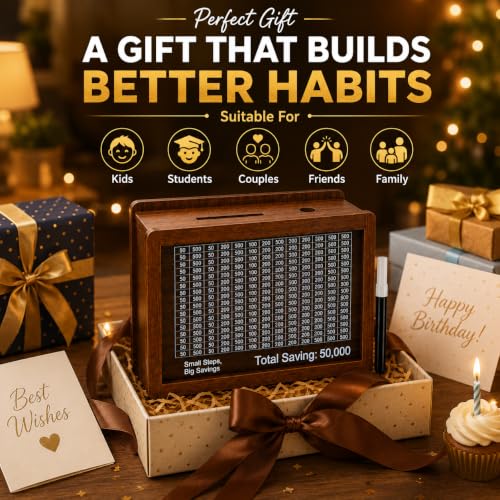 Image of PulGos Wooden Money Saving Box with Marker|50,000 Goal Counter Piggy Bank