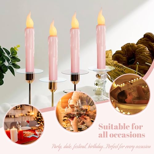 Image of Real Wax LED Flameless Short Taper Candles with Remote, 6.7 Inches Pink Candlesticks, Dripless Battery Operated Flame Rustic Primitive Flameless Spring Candles for Home, Pack of 4