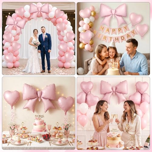 Image of 12 Pcs 18 Inch Heart Balloons and 38 Inch Bow Balloons, Large Foil Bow Heart Balloon Bow Party Decorations for Birthday Baby Shower Valentines Wedding Party