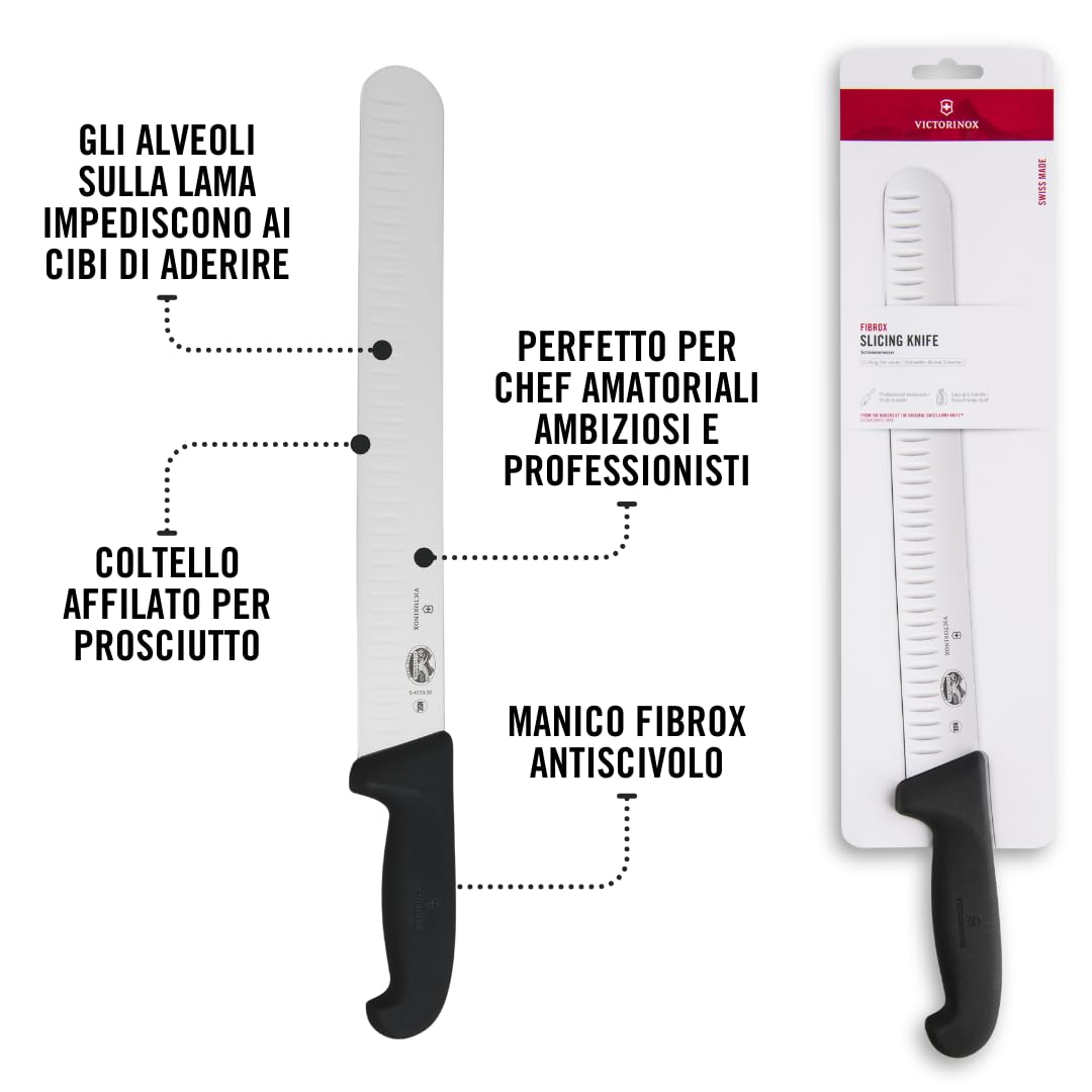 Victorinox Fibrox, Coltello Prosciutto con Lama Alveolata, Coltello da Cucina Affilato per Carne e Prosciutto, 30 cm, Lama Dritta, Acciaio Inossidabile, Nero