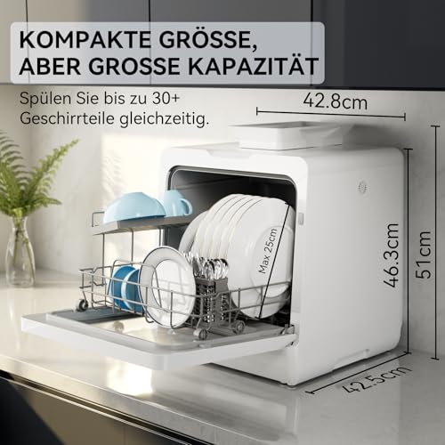 Hermitlux Tischgeschirrspüler, mini spülmaschine mit 7+3 Programme, 5 Maßgedecken, 5L Wassertank, Startverzögerung und Kindersicherung