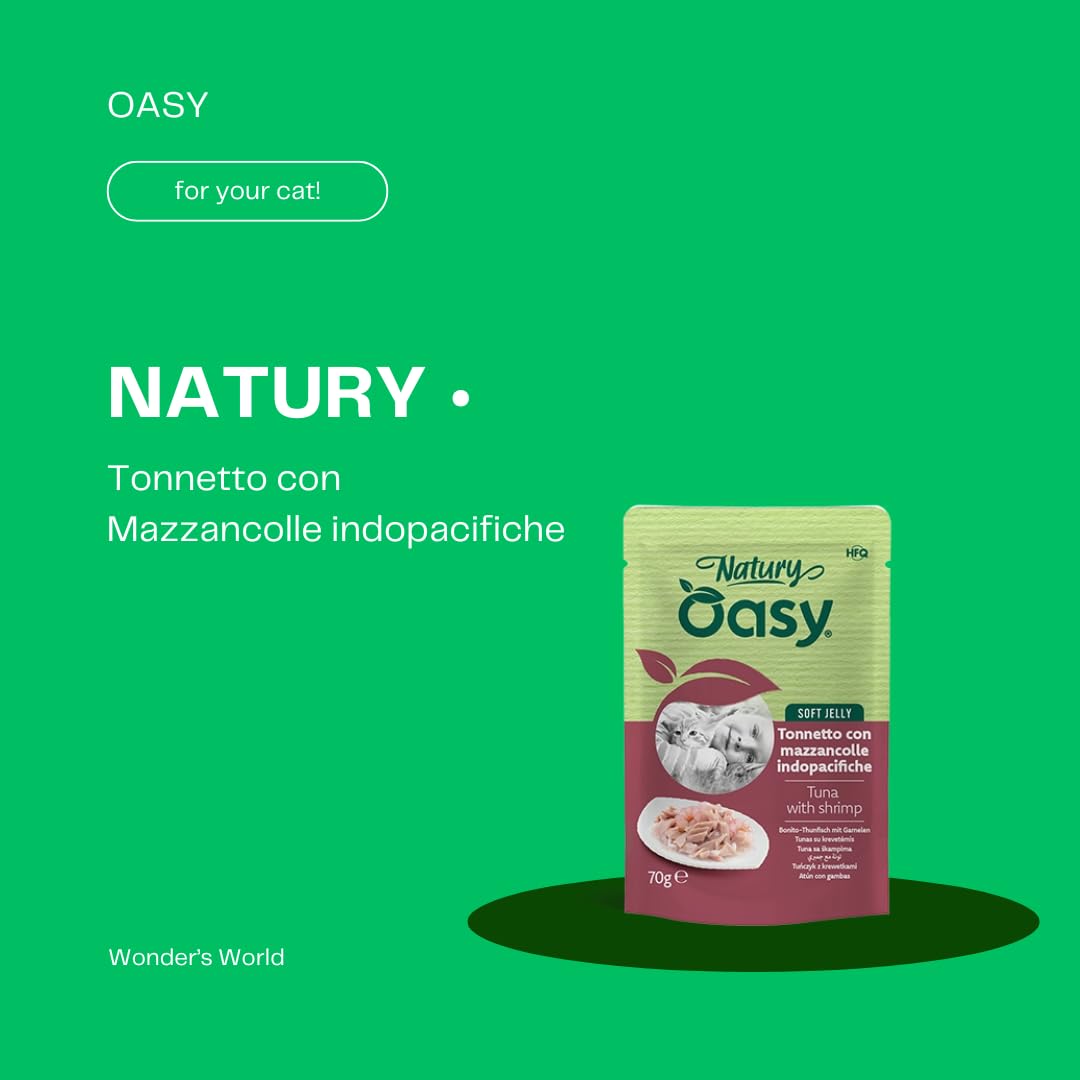 Oasy Gato Natury • Atún con maza indopacífica | alimento húmedo complementario para gatos adultos, producto sin colorantes ni conservantes añadidos, en gelatina, 12 sobres de 70 gramos cada una.