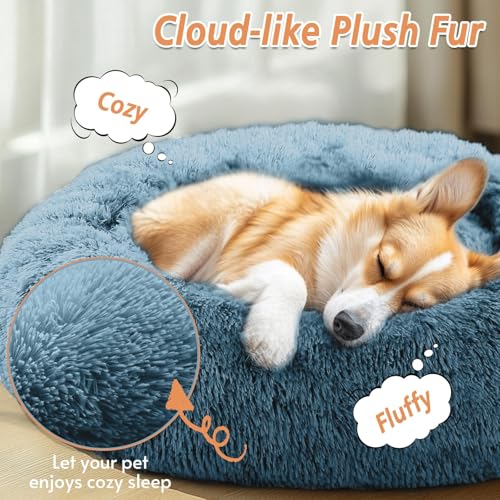 Image of JOLLYVOGUE Calming Dog Bed for Small Dogs - 23 inches Donut Washable Small Dog Bed for Kittens & Puppies, Anti-Slip Round Fluffy Plush Faux Fur Cat Beds (Fits up to 25 lbs Pets, Blue)