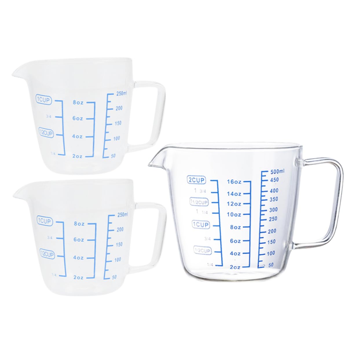 Tasses à Mesurer en Verre 3 Pièces 250ml et 500ml avec Poignée | Doseur Pratique, Design Confortable, pour Liquide et Espresso, Lot Adapté aux Usages la Cuisine