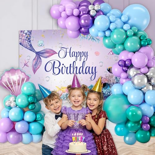 Image of SpecialYou.in Mermaid Theme Birthday Decorations Kit for Girls with Pastel Purple, Blue, Green, Silver Balloons, Mermaid Fabric Backdrop, Birthday Decoration Items for Baby Girl- 59 Pcs