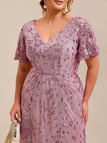 Image of Ever-Pretty Plus Women's Sequin V Neck Plus Size Prom Dress Mermaid Formal Cocktail Evening Dresses for Curvy Women