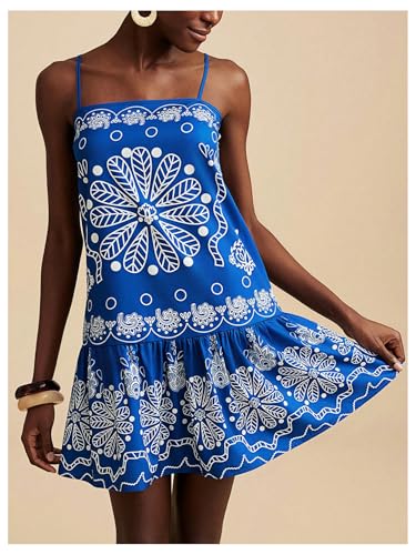 Image of RoseSeek Women's Floral Boho Flowy Mini Cami Dress Ruffle Hem Spaghetti Strap Vacation Tank Dresses