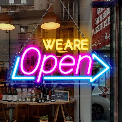 LED We Are Open Neon Schild 41*20 Dimmbares Offenes Neon Licht Sign für Business Helles Leuchtreklame für Store Bar Restaurant Shops Party Club (Blau Pink Orange)