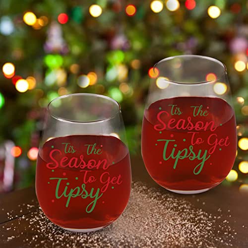 This The Season To Get Tipsy Christmas Stemless Wine Glass, Set Of 4 Christmas Wine Glasses, Gift Ideas For Christmas Holiday Wedding, Funny Wine Glasses For Women Friends Men Family Wino, 15 Oz #TOP3