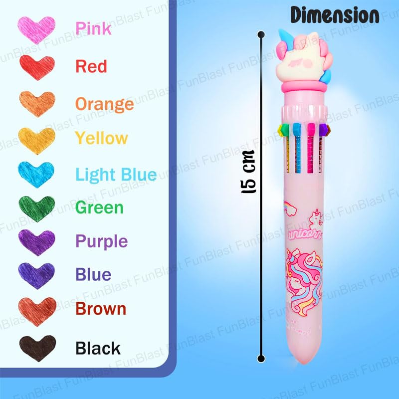 Image of FunBlast 10 In 1 Ball Pens for Writing - Cartoon Design Lightweight Ball Pen with Comfortable Grip for Extra Smooth Writing, Stationery for School & Office, Birthday Return Gift (Unicorn)