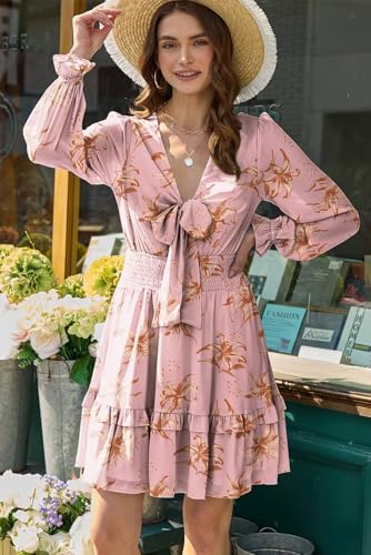 Image of Dokotoo Womens Casual Spring Fall 2025 Deep V Neck Knotted Tiered Chiffon Elegant Mini Short Swing Skater Dresses