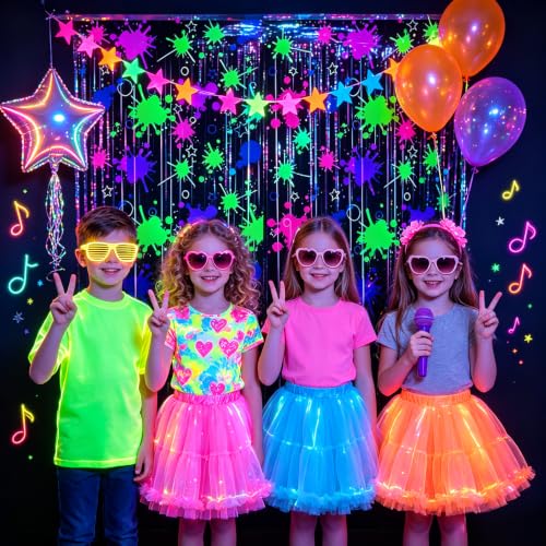 Image of TONIFUL 2Pcs Black Fluorescent Splatter Star Metallic Foil Fringe Curtains | 3.3ftx6.6ft Neon Glow Birthday Party Tinsel Streamers Backdrop for Halloween Bachelorette Graduation Homecoming Decorations