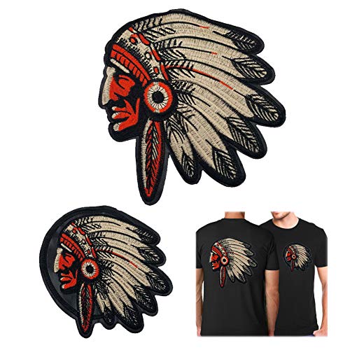 Male Indian Iron on Patch 2 Pcs Feather India Chief Head Large Trumpet Applique Embroidered Patches Decorative Denim Vest Jacket T-Shirt Sewing-Red