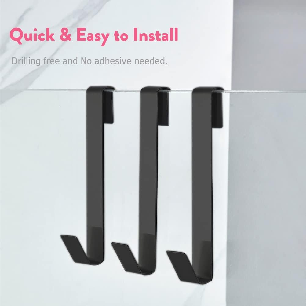 Extended Shower Hooks, Towel Hooks for Frameless Glass Shower Door, 3 Pack Matte Black Stainless Steel
