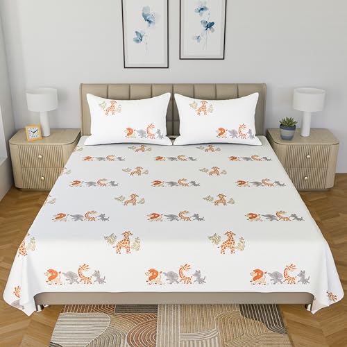 Image of LINENWALAS 100% Cotton Bed Sheet for Single Size Bed, Animal Printed Single Bedsheet for Childrens Room with 1 Pillow Covers | 210 TC Soft, Breathable, Luxury Bedsheet (Jungle Safari, 60 x 90 Inches)