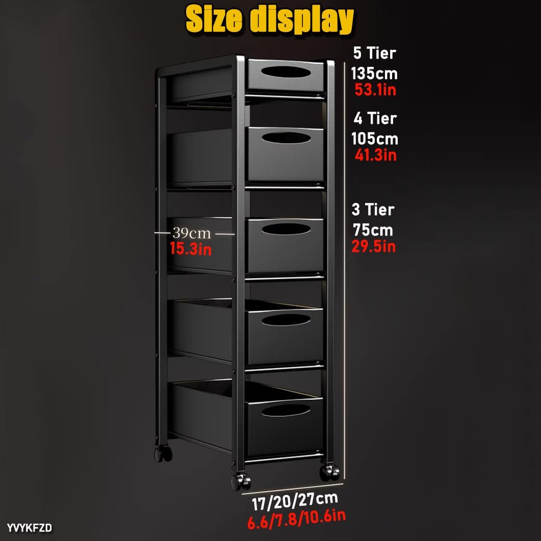 Carrello portaoggetti sottile in metallo a 5 ripiani, con ruote, salvaspazio, per cucina, bagno, colore: nero (26,9 x 38,9 x 134,9 cm)
