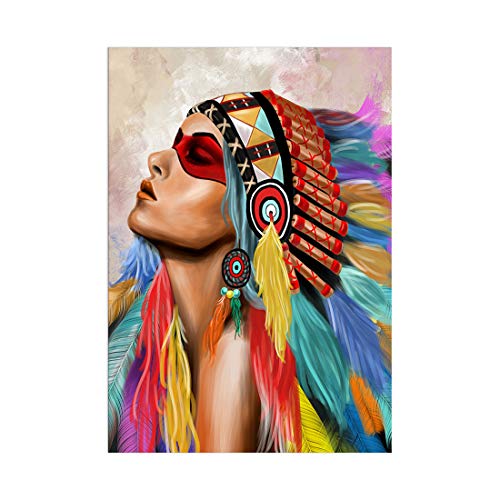Kalawa Indian Girl Warrior Feathered Women Chief Wall Art Picrure Fighting Buffalo Print Poster Native American Canvas Oil Painting Print For Bedroom Home Decor Framed Ready To Hang #TOP1