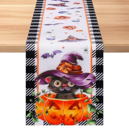 Caminho de mesa de Halloween com abóbora e gato bruxo, 183,5 x 35,2 cm decoração de outono para mesa de sala de jantar cozinha toalha de mesa para interiores exteriores casa festas decoração mesa