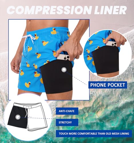 Aueyan Mens Swim Trunks 5.5 inch with Compression Liner Zipper Pockets,Quick Dry Swimsuit Trunks Funny Beach Board Shorts2