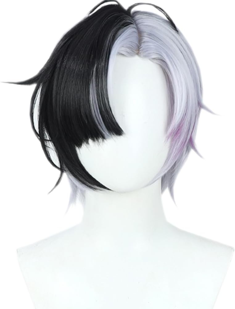 osseocaSilver White Purple Mixed Silk Wig Black Bangs Short Hair Side parted bangs cos anime show wig 35cm 13inch