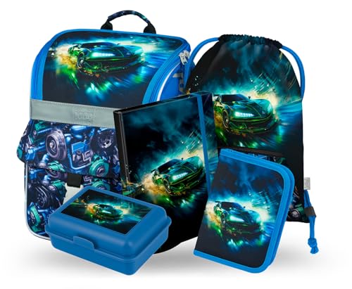 Baagl Schulranzen Jungen Set 5 Teilig - Schultasche ab 1. Klasse - Grundschule Ranzen mit Brustgurt - Ergonomischer Schulrucksack (Rennauto)