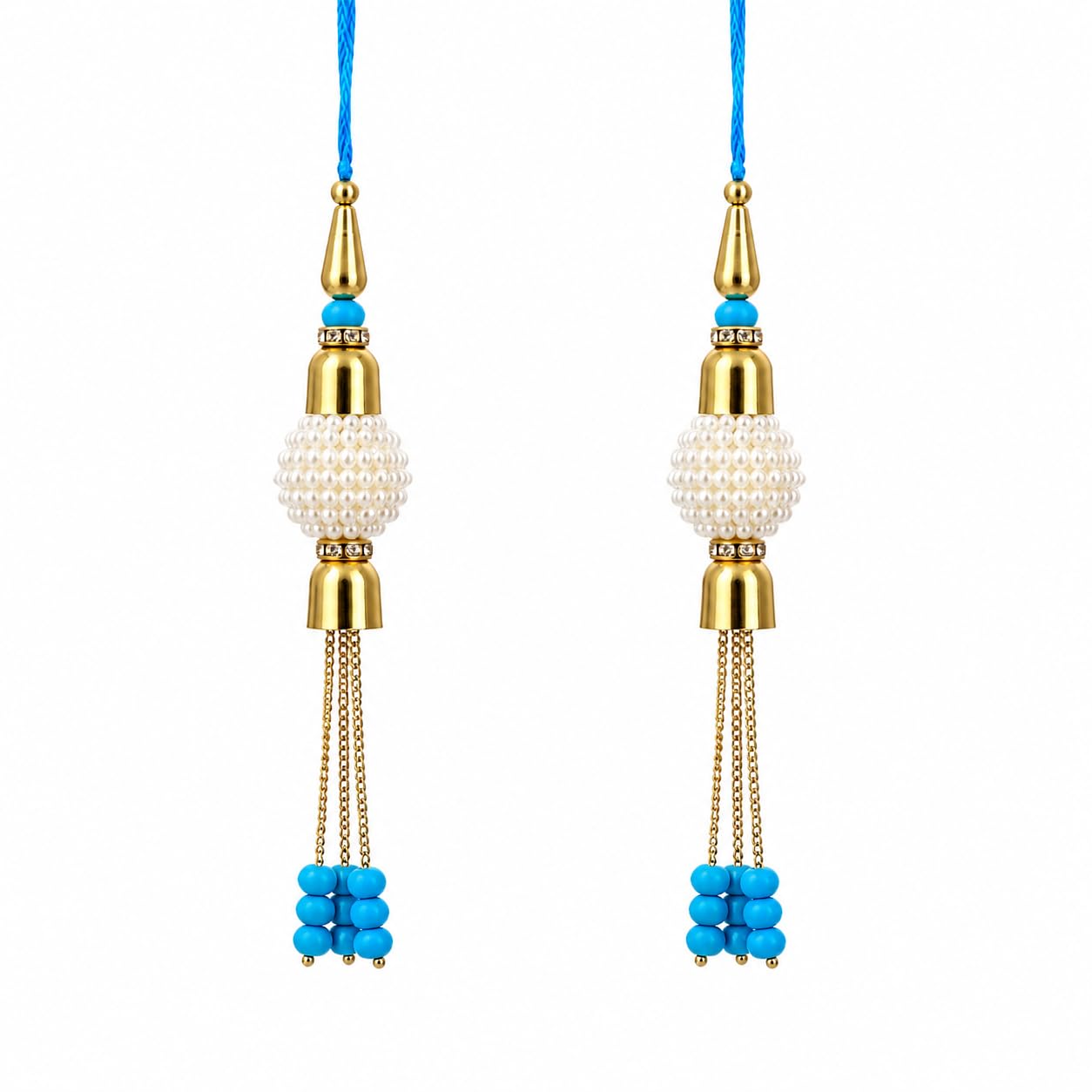 Designer Pearl Lumba Rakhi for Bhabhi, Luxury Hanging Bhabhi Rakhi with White Pearl Cluster, Blue Bead Tassels & Gold Finish, Raksha Bandhan Gift-image-37