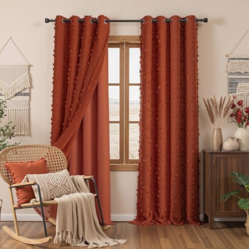 Image of MYSKY HOME Terracotta Curtains for Bedroom 72 Inches Long Bohemian Curtains Pom Pom Brick Red Sheer Curtain for Girls Room Double Layer for Toddler Grommet Room Darkening Window Panels 52 x 72 Inch