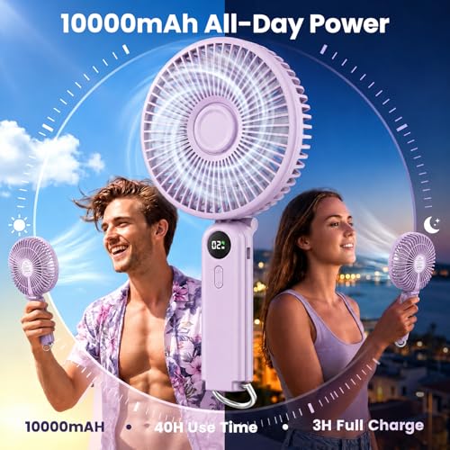 Image of Portable Handheld Fan, 10000mAh Rechargeable Personal Fan for 40H, 6-Inch Ultra Quiet Foldable Hand Fan, 5-Speed Gentle Airflow Battery Operated Fans for Travel Outdoor Lash Makeup Gifts for Women